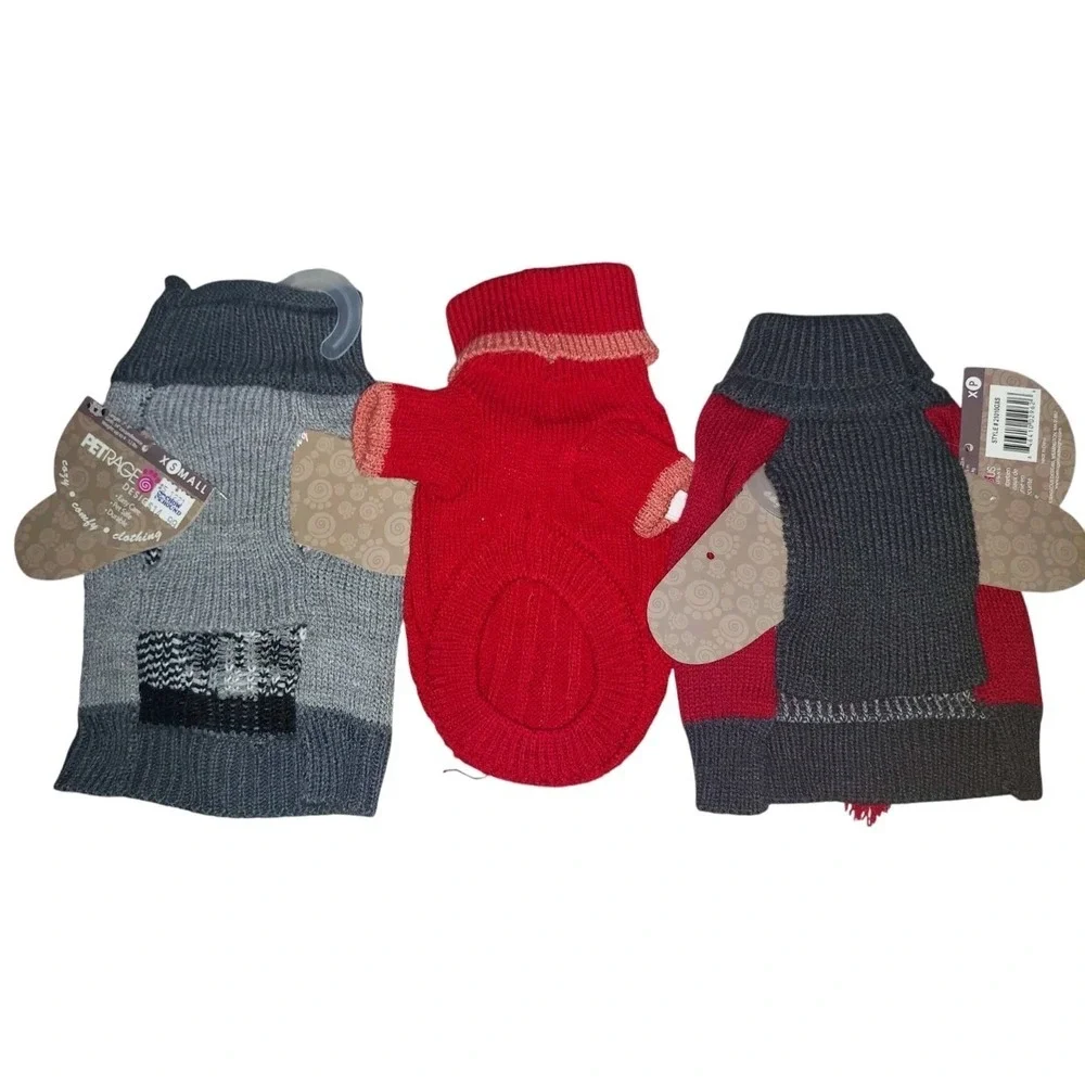 Bundle 3 XS Dog Sweaters, New, Deer And Moose Design, Gray And Red